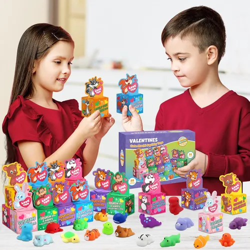 Miniatura 7 de SURCVIO Paquete de 28 regalos para el día de San Valentín para niños, juego de recuerdos de fiesta Mochi Squishies con cajas de tarjetas