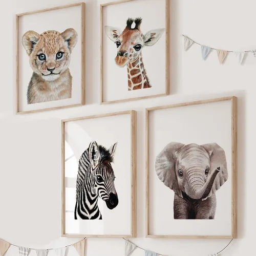 KIU DESIGNS - Juego de 4 arte de pared para guardería de safari, estampado de animales de la selva para guardería, elefante león, jirafa, cebra, sin