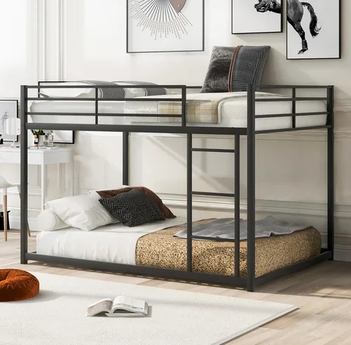 Literas de metal de tamaño matrimonial sobre matrimonial, litera baja de metal con escalera para niños, adolescentes y adultos, marco de cama