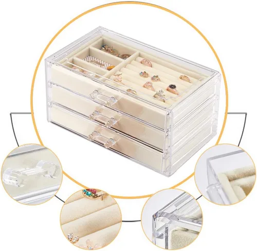 Miniatura 3 de Weiai Joyero acrílico con 3 cajones organizador de joyas de terciopelo aretes anillos collares pulseras vitrina regalo para mujeres niñas beige