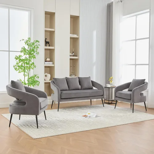 Miniatura 9 de Juego de 1 sofá biplaza pequeño y 2 sillas decorativas, juego de sofá y sillón de 3 piezas para sala de estar, moderno sofá de terciopelo con silla