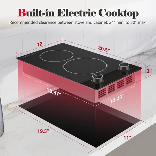 Miniatura 2 de SNDOAS Cocina eléctrica de 2 quemadores, 12 pulgadas integrada de 3000 W y 9 niveles de potencia, estufa eléctrica con control de perilla, cableado