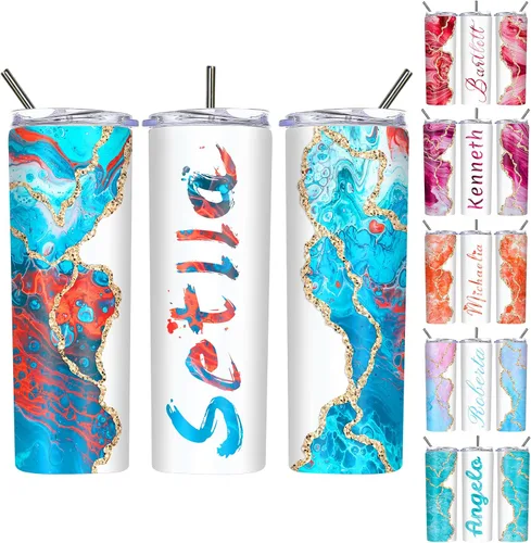 Miniatura 15 de Vasos delgados personalizados con tapas y pajitas de 20 onzas, diseño de mármol personalizado, vasos de acero inoxidable delgados con nombre