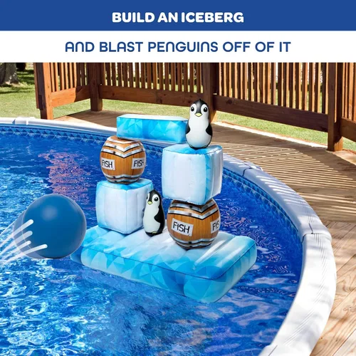 Miniatura 3 de Stack 'n Splash - Juego de piscina de pingüinos, juguete flotante para objetivo, construirlo, golpéalo, derriba. Juego de 10 piezas con 2 bolas