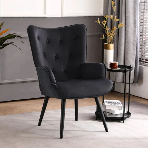 Miniatura 3 de Furniliving Silla de Acento de Terciopelo para Sala de Estar, Silla de Lectura Tapizada con Respaldo Alto, Sillón de Respaldo Alado con Botones Negro