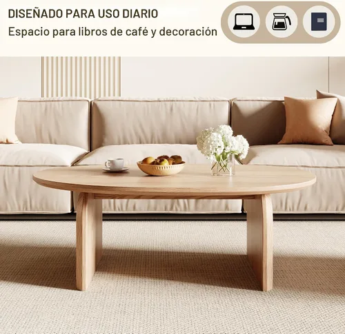 Miniatura 3 de Honyee - Mesa de centro moderna ovalada, pequeñas mesas de centro para la sala de estar - Parte superior de madera de roble con patas sólidas, mesa