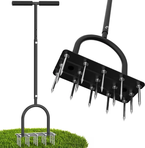 Aireador de césped para césped, aireador de césped manual resistente con 15 picos de hierro, altura ajustable, herramienta aireadora de patio para