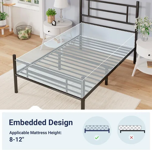 Miniatura 7 de Allewie Armazón de Cama de Plataforma Metálica Tamaño Individual de 14 Pulgadas con Cabecera y Piecera, Almacenamiento Debajo de la Cama, Soporte