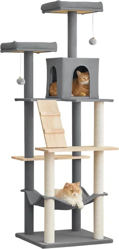Miniatura 11 de MWPO Árbol grande y moderno para gatos, torre de madera de 70.1 pulgadas para gatos de interior, condominio alto para gatos de varios niveles con 2