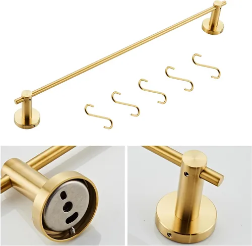 Miniatura 4 de Toallero de 21.6 pulgadas con 5 ganchos en forma de S, toallero de latón dorado cepillado para baño y cocina Oro cepillado con 5 ganchos