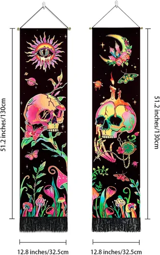 Miniatura 5 de Leofanger Paquete de 2 tapices verticales de calavera negra con luz negra, tapiz de sol y luna, tapiz de flores de mariposa y mariposa negra, tapiz