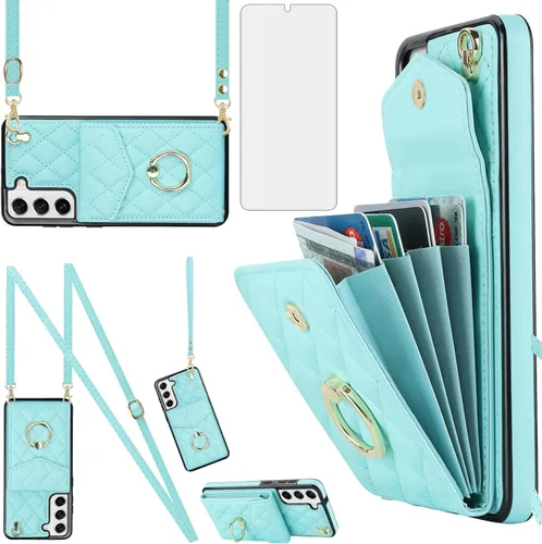 Asuwish Funda de teléfono para Samsung Galaxy S22 5G, funda tipo cartera con protector de pantalla de vidrio templado y correa cruzada para la verde