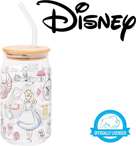Miniatura 7 de Silver Buffalo Disney Alice in Wonderland Tarro de vidrio con tapa de bambú y pajita de vidrio, 16 onzas