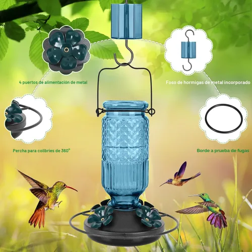 Miniatura 4 de FEED GARDEN Comedero de vidrio para colibríes para colgar al aire libre, comedero de colibríes de 16 onzas con 4 puertos de alimentación con Azul