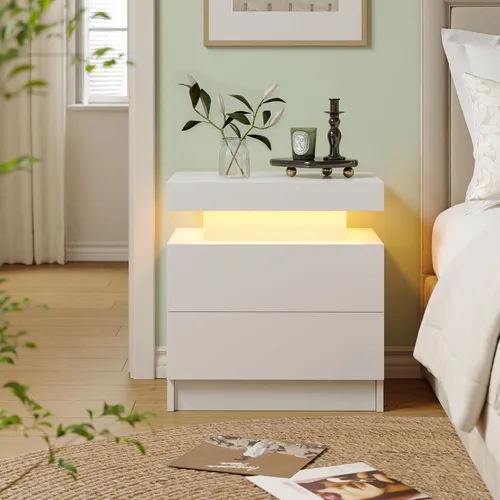 Miniatura 4 de Mesita de noche LED blanca moderna, mesa de cabecera para dormitorio, mesa auxiliar con 2 cajones de madera Blanco profundo