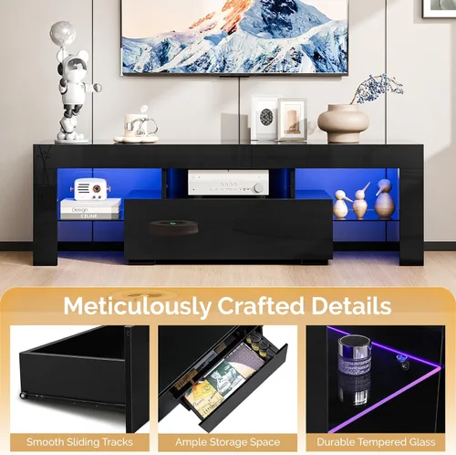 Miniatura 3 de Bonnlo Soporte de TV LED de 51 pulgadas, moderno centro de entretenimiento negro con luces LED y almacenamiento para televisores de 45/50/55/60