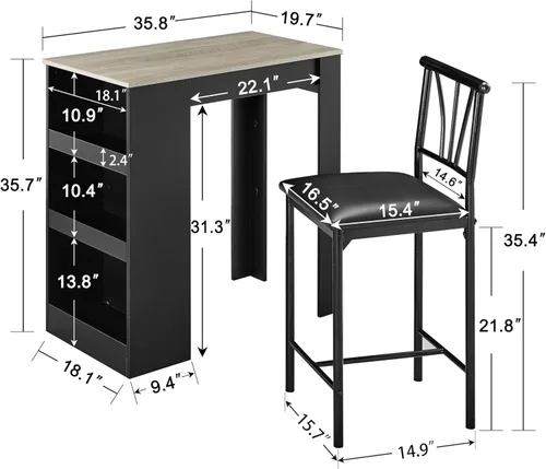 Miniatura 6 de VECELO Juego pequeño de mesa de bar y sillas altas para cocina, rincón de desayuno con taburetes/Juego de comedor para 2, estantes