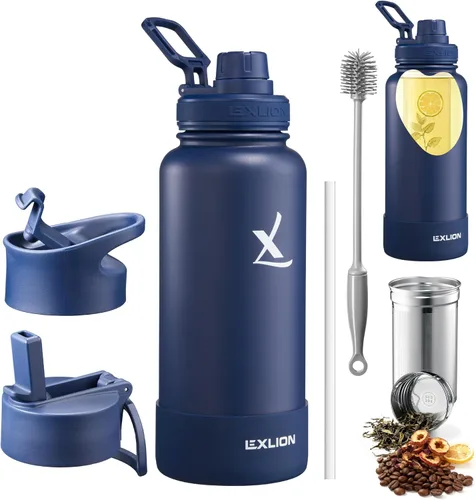Lexlion Botella de Agua con Infusor de Té 32 Oz – Termo de Acero Inoxidable con Triple Pared Aislada, Colador para Hojas Sueltas y Frutas, 3 Tapas a