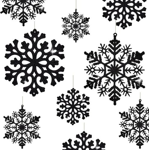 30 adornos de copos de nieve con purpurina de Navidad, adornos de copos de nieve de plástico - decoraciones para árbol de Navidad, 4.7 pulgadas Negro