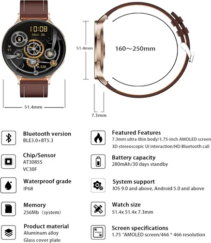 Miniatura 7 de Relojes inteligentes ultrafinos para hombre (llamada/3 bandas/todo metal), AMOLED extragrande de 1.75 pulgadas, rastreador de actividad ultra