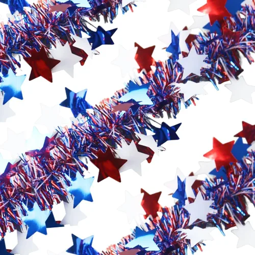 4th of July Red White Blue Star Tinsel Garland - 33 Ft Memorial Day Patriotic Decoration Independence Day Metallic Tree Fine Filament Garland