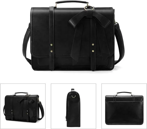 Miniatura 6 de ECOSUSI Portafolios para mujer, bolso para laptop de cuero sintético, maletín de la universidad, apto para laptop de 15.6", Negro, 15,6 pulg.