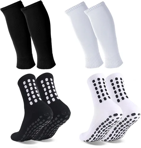 Miniatura 8 de ZXOLDZX 2 Juego de Calcetines de Agarre para Fútbol con Mangas de Protector de Espinilleras, Calcetines de Espinillera para Piernas sin