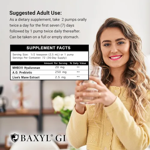 Miniatura 3 de BAXYL GI Liquid, 6 onzas líquidas, suplemento de digestión patentado con hialuronano MHB3, Amaferm y extracto de melena de león para ERGE, SII