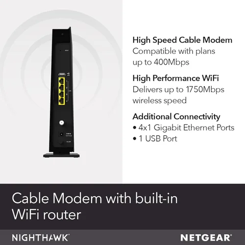 Miniatura 4 de Modem router con cable, de Netgear, Nighthawk AC1900 (24 x 8) DOCSIS 3.0, ideal para Xfinity Internet y Voice (C7100V), Negro