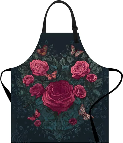 Miniatura 21 de Delantal divertido con bolsillo para mujeres y hombres, delantal de cocina ajustable para barbacoa y horneado con lindos animales y flores