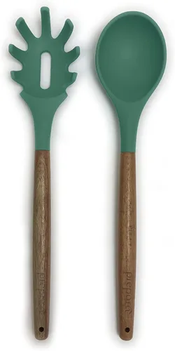 Miniatura 10 de Prepara Juego de 2 cucharones de sopa y cuchara ranurada de acacia y silicona, color verde espuma de mar