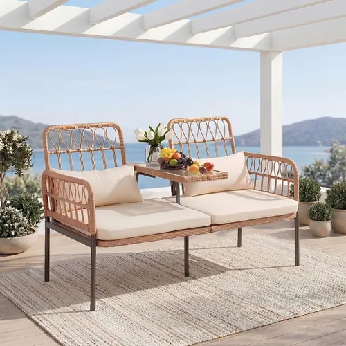 Miniatura 4 de PROHIKER Muebles de Patio Exterior Sofá de Amor de Ratán de 2 Asientos con Mesa Integrada, Almohadas Lumbares y Cojines, Sofá de Amor de Mimbre