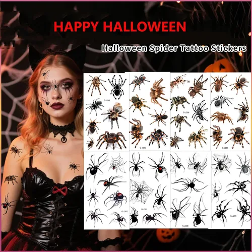Miniatura 5 de Tatuajes temporales de araña de Halloween, calcomanías de arte facial y corporal, 10 hojas de calcomanías de tatuaje para el día de los muertos