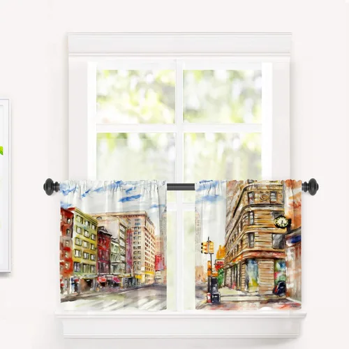 Miniatura 77 de Cortinas opacas de cocina con pintura al óleo de Europa rosa y negra para ventanas, cenefas opacas modernas de torre Eiffel de poliéster multicapa