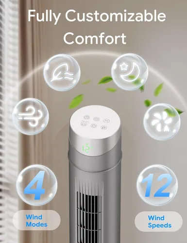 Miniatura 41 de ZAFRO Ventilador de torre inteligente para dormitorio, ventilador de torre oscilante de 120°, 28 pies/s de alta velocidad, 12 velocidades, 4 modos
