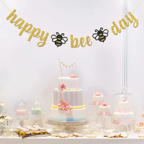 Miniatura 5 de Cartel de Feliz Día de la Abeja con purpurina dorada/Suministros de fiesta de baby shower con temática de abejorros/Nueva mamá/fiesta de revelación