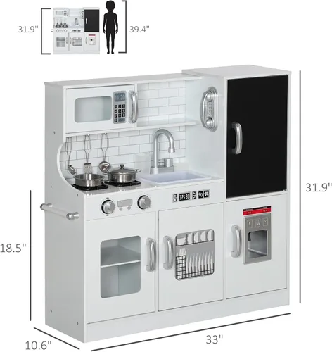 Miniatura 7 de Qaba Juego de Cocina de Juguete para Niños - Cocina de Simulación con Teléfono, Pizarra, Perchero de Toallas, Máquina de Hielo, 5 Accesorios