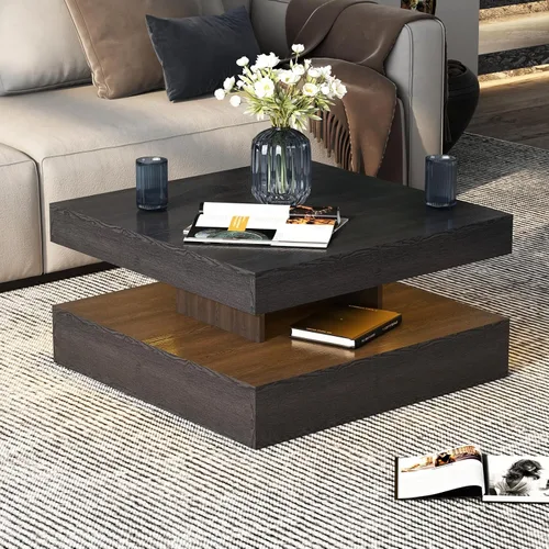 Miniatura 16 de HedoAjim Mesa de centro LED negra para sala de estar, mesa de sala de estar, mesas centrales cuadradas de 2 niveles, mesas de centro de madera