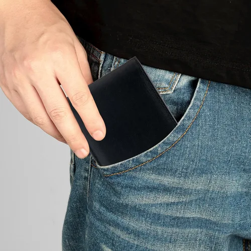 Miniatura 6 de Billetera de cuero para hombre, con bloqueo RFID, de piel auténtica, triple pliegue, Negro -, Cartera Rfid
