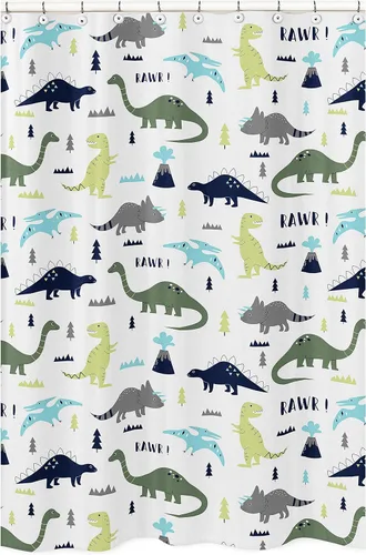 Sweet Jojo Designs Cortina de ducha moderna azul y verde del dinosaurio de los niños de la tela del baño de los niños Dinosaurio azul y verde