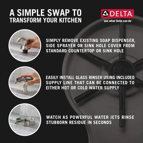 Miniatura 5 de Delta - Enjuagadora de vidrio para lavabos de cocina, accesorios para lavabo de cocina, enjuagadora de vidrio para barra, cromado GR150