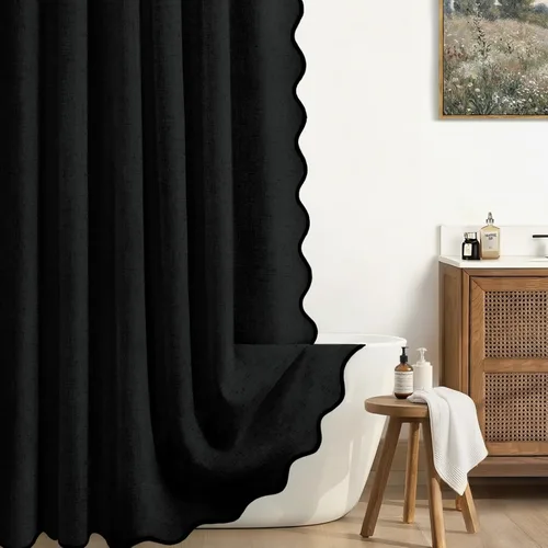 Miniatura 15 de Cortina de Ducha de Lino Beige Bonita Negra Festoneada Boho Moderna Cortinas de Ducha para Baño Juego, 48" W x 72" L