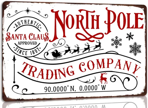 North Pole Workshop - Letrero de metal para Navidad, póster retro vintage para cocina, cafetería, bar, hogar, decoración de pared de Navidad, arte W1