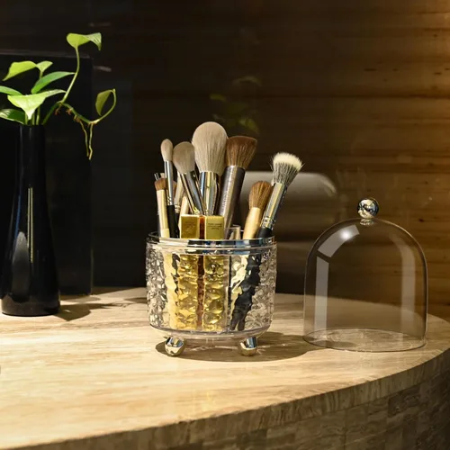Miniatura 3 de Soporte giratorio para brochas de maquillaje con tapa de 360 grados, organizador de cosméticos para cepillos de dientes acrílico, 5 compartimentos