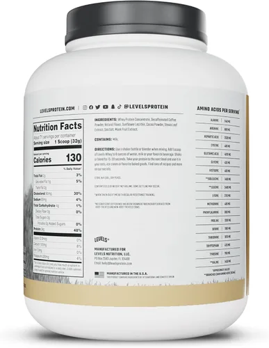Miniatura 8 de Levels - Proteína de suero alimentada con pasto en polvo, sin artificiales, 24G de proteína, capuchino, 5 libras