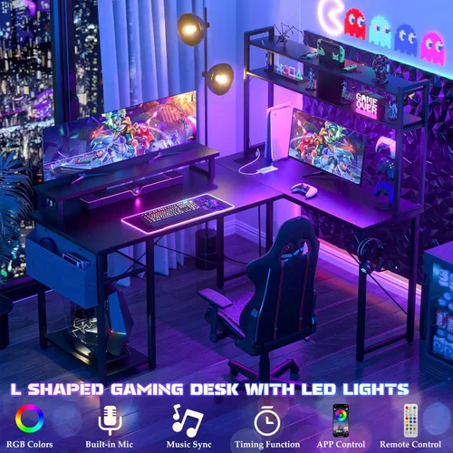 Miniatura 3 de Aheaplus Escritorio pequeño en forma de L para gaming con luces LED y tomas de corriente, escritorio reversible en forma de L para computadora
