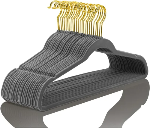 Miniatura 13 de MIZGI Perchas de terciopelo prémium (paquete de 50) resistentes y antideslizantes, perchas de terciopelo rosa rubor - ganchos dorados, perchas