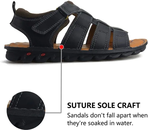 Miniatura 4 de VOCECO - Sandalias de cuero para hombre con puntera abierta, ajustables, ligeras, para playa y verano
