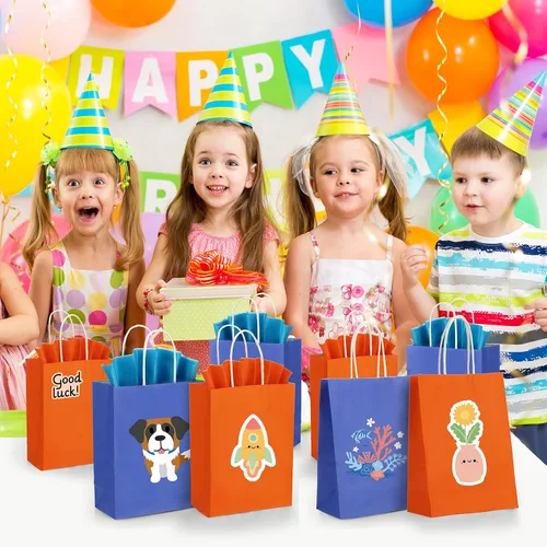 Miniatura 4 de Fumete Paquete de 24 bolsas de regalo de papel kraft con papel de pañuelo, coloridas bolsas de recuerdo de fiesta con asas para fiesta de guerra