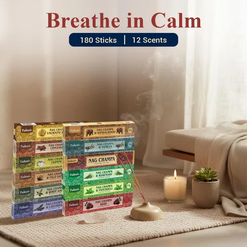 Miniatura 2 de Tulasi Nag Champa - Varitas de incienso surtidas/paquete variado – 180 varillas enrolladas a mano, 12 aromas naturales Sándalo, lavanda, vainilla